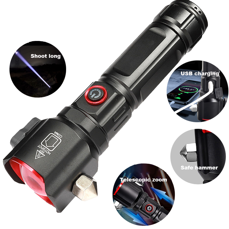 Multi-functional High Power LED Flashlight with Safety Hammer 1KM Range