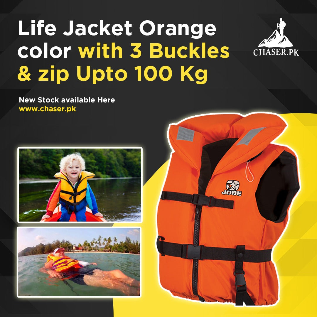 Life Jacket Orange color with 3 Buckles & zip Upto 100 Kg Chaser.pk