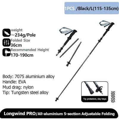 Adjustable folding hiking pole with specifications on a white background