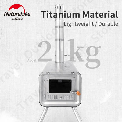 Portable stove with titanium material, lightweight, and durable features on a white background.