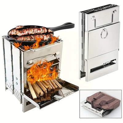 Stainless Portable Folding Firewood Stove + Grill