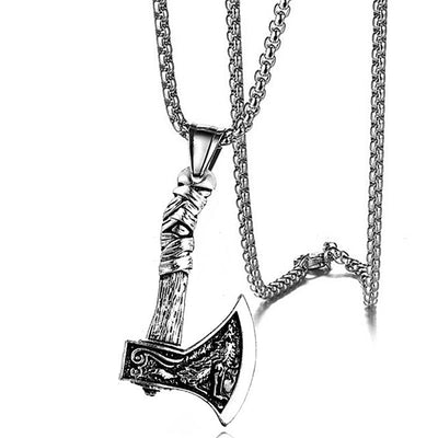 VIKING STAINLESS STEEL AXE PENDANT NECKLACE SILVER