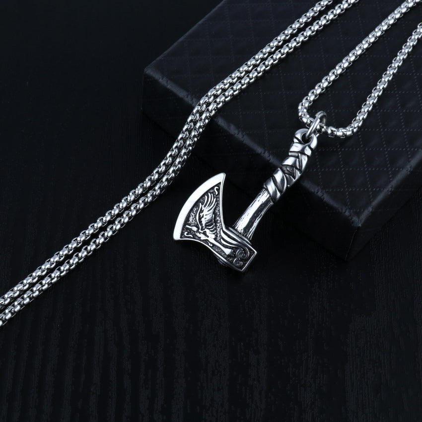 VIKING STAINLESS STEEL AXE PENDANT NECKLACE SILVER