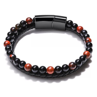 Natural Stone Men Bracelet Black Genuine Leather