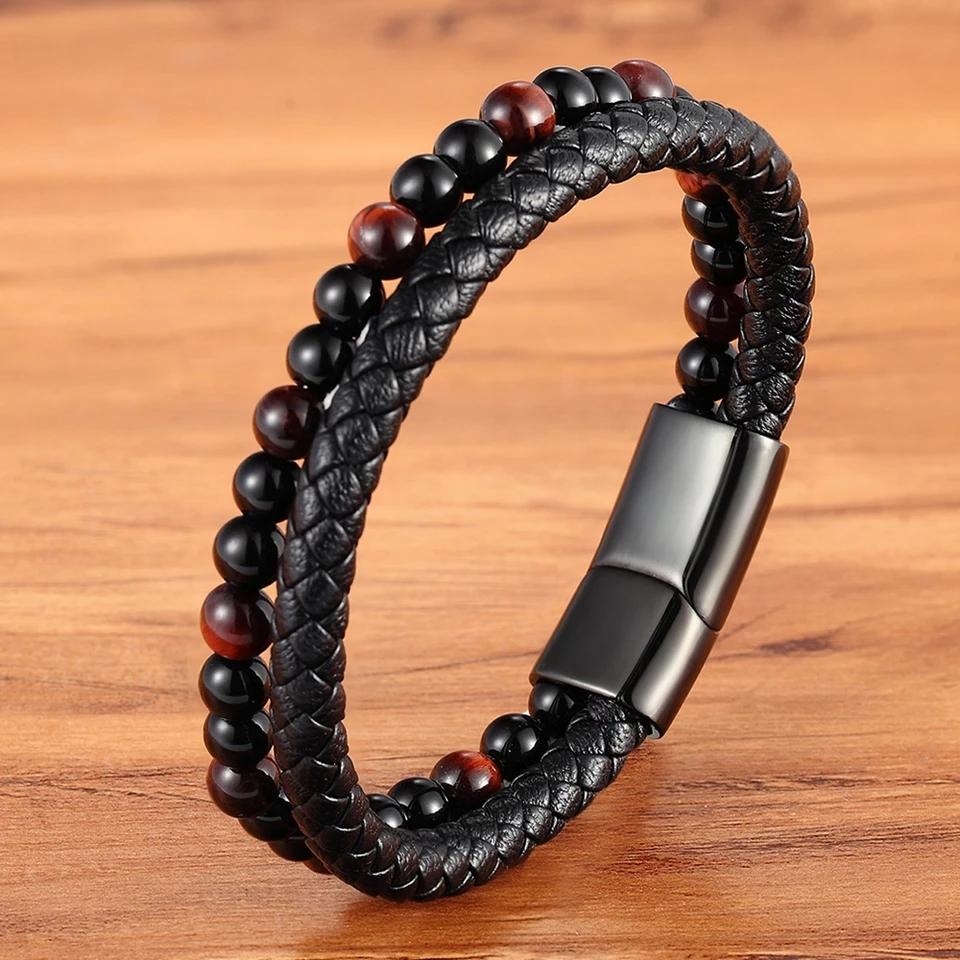 Natural Stone Men Bracelet Black Genuine Leather