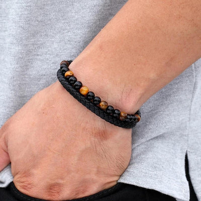 Natural Stone Men Bracelet Black Genuine Leather