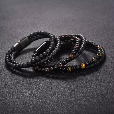 Natural Stone Men Bracelet Black Genuine Leather