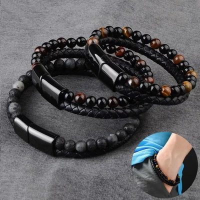 Natural Stone Men Bracelet Black Genuine Leather