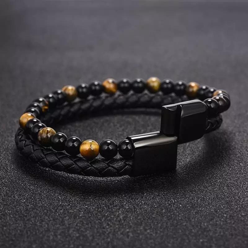 Natural Stone Men Bracelet Black Genuine Leather