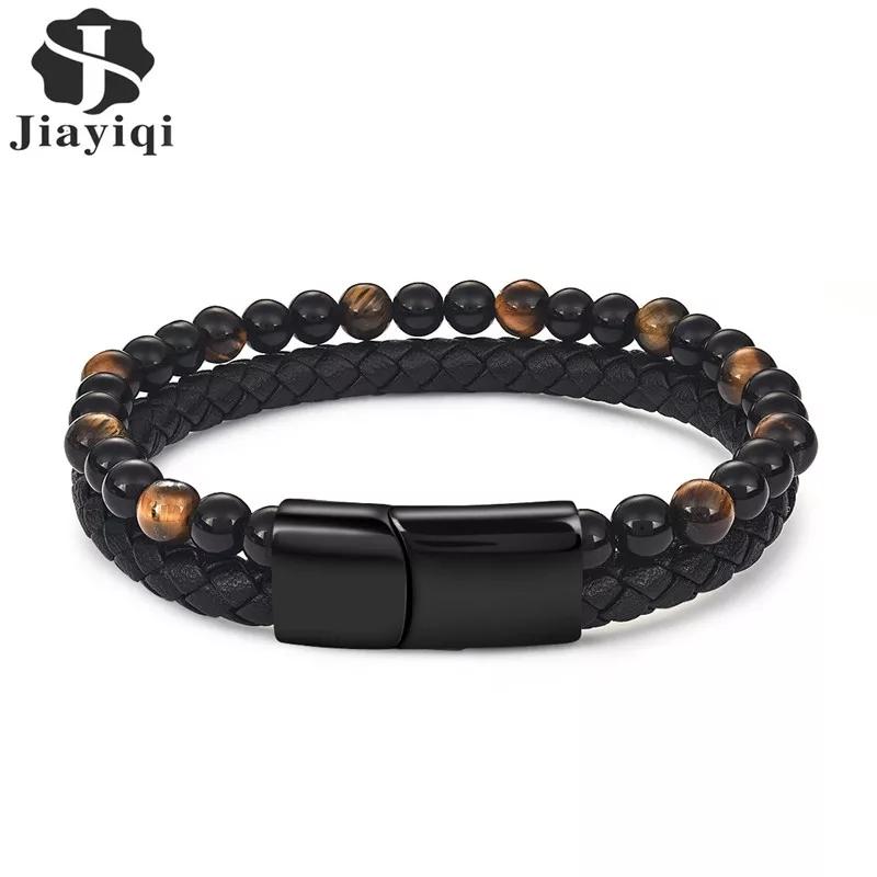 Natural Stone Men Bracelet Black Genuine Leather