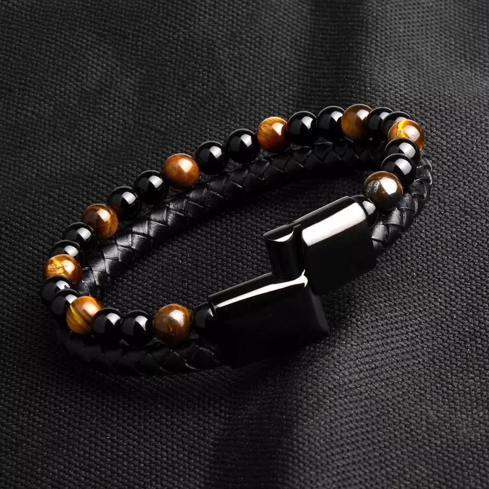 Natural Stone Men Bracelet Black Genuine Leather