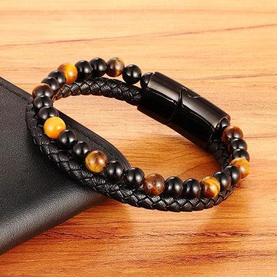 Natural Stone Men Bracelet Black Genuine Leather