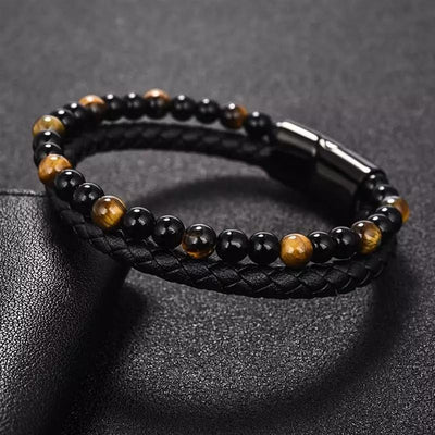 Natural Stone Men Bracelet Black Genuine Leather