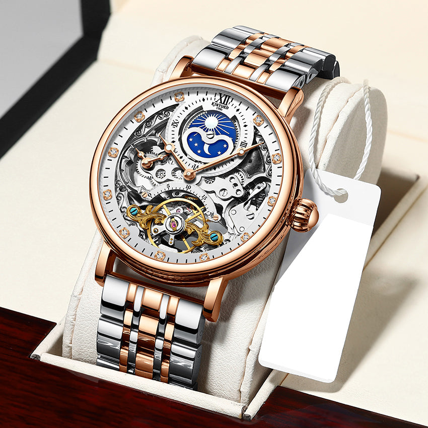 Moon Phase Multiple Time Tourbillon Automatic Skeleton Watch Silver Rose