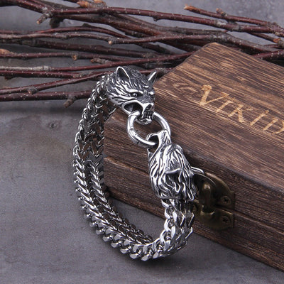 Viking Wolf Charm Bracelet Men's Stainless Steel Mesh Chain