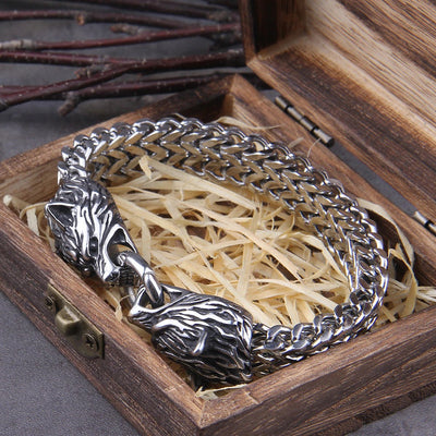 Viking Wolf Charm Bracelet Men's Stainless Steel Mesh Chain
