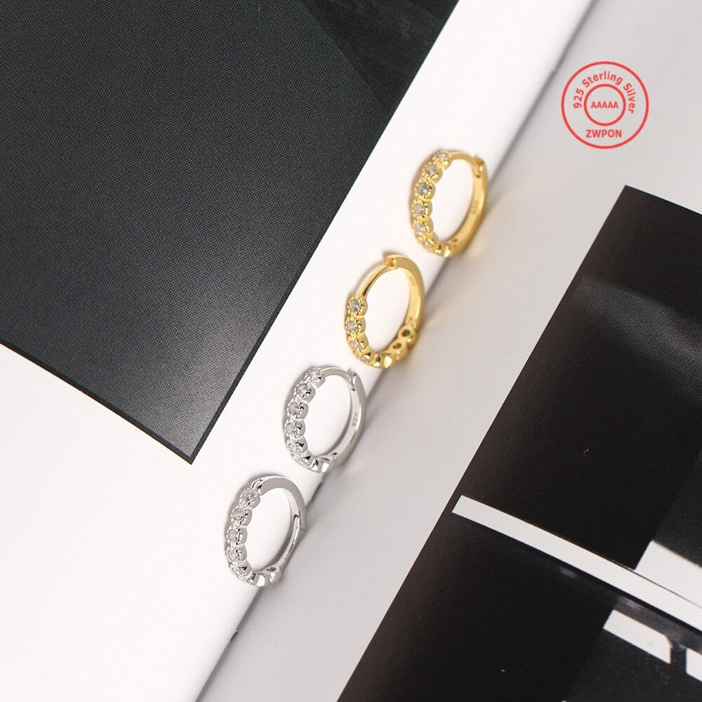 Sterlling Silver Delicate Crystals Diamond Zricon Stone Small Huggie Circle Hoop Earrings