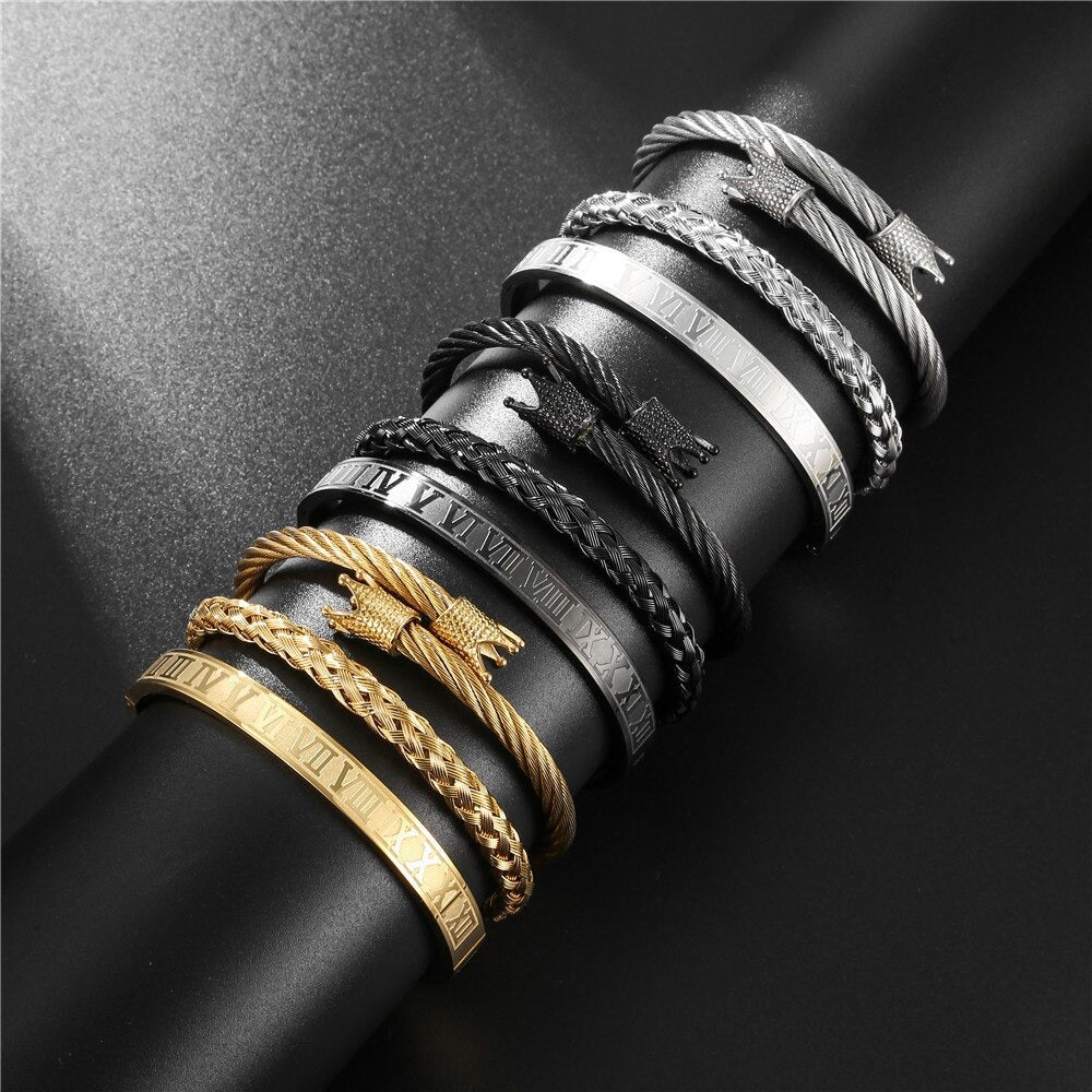 Top Quality Luxury Royal Crown 3Pcs Bracelets & Bangles Set Stainless Steel